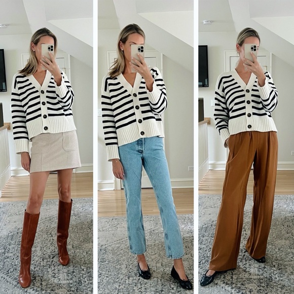 SEZANE BLOGGER Classic Navy Ecru Striped Wilson Cardigan Preppy Knit Sweater XXS - Picture 9 of 17